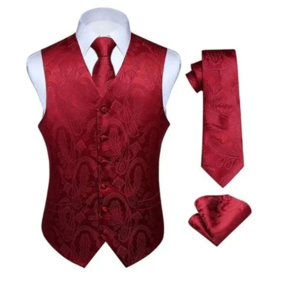 NEW MENS Vest Set 3PC Waistcoat Paisley Burgundy - Picture 1 of 7